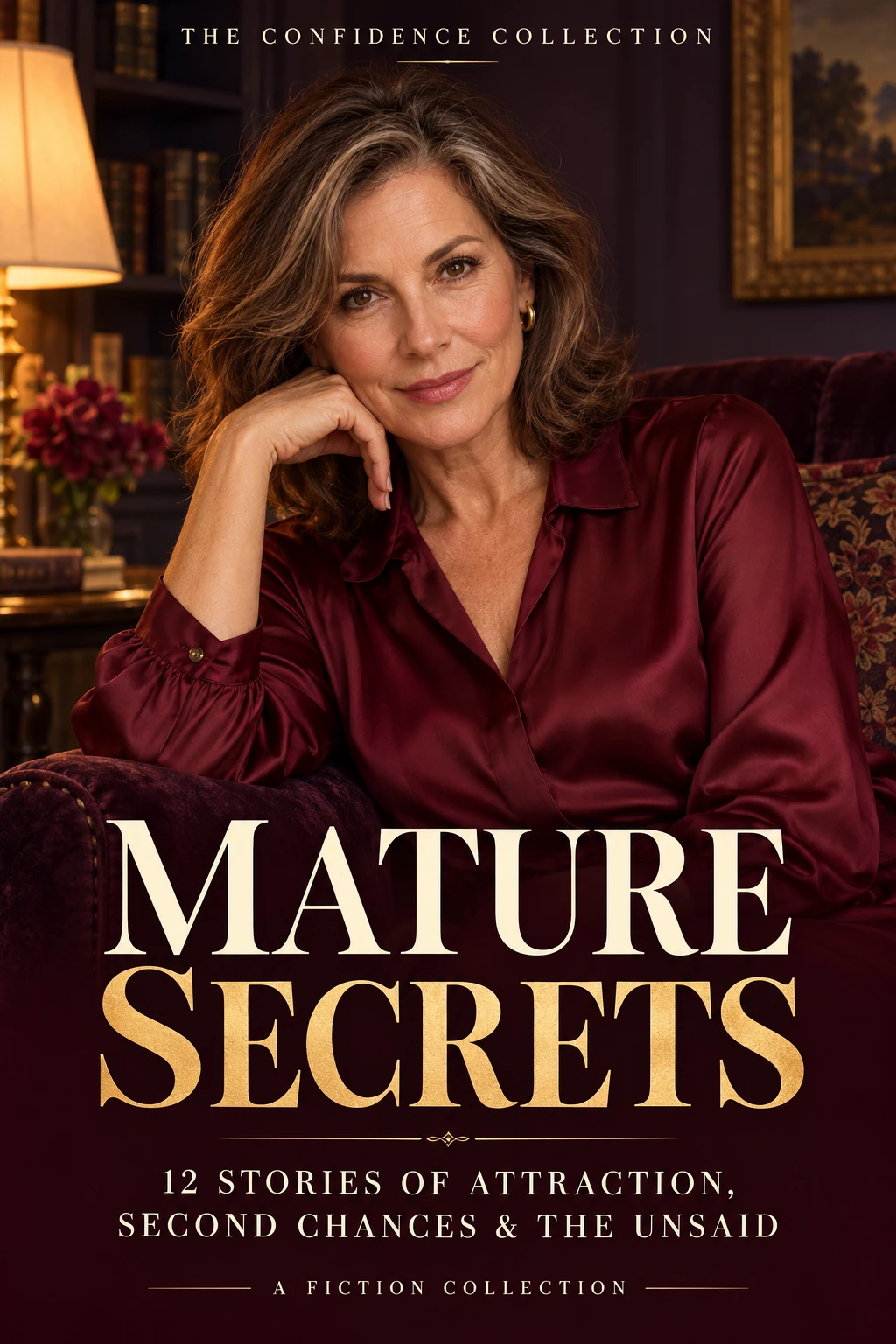 Mature Secrets cover: a mature woman in burgundy with cream and gold lettering